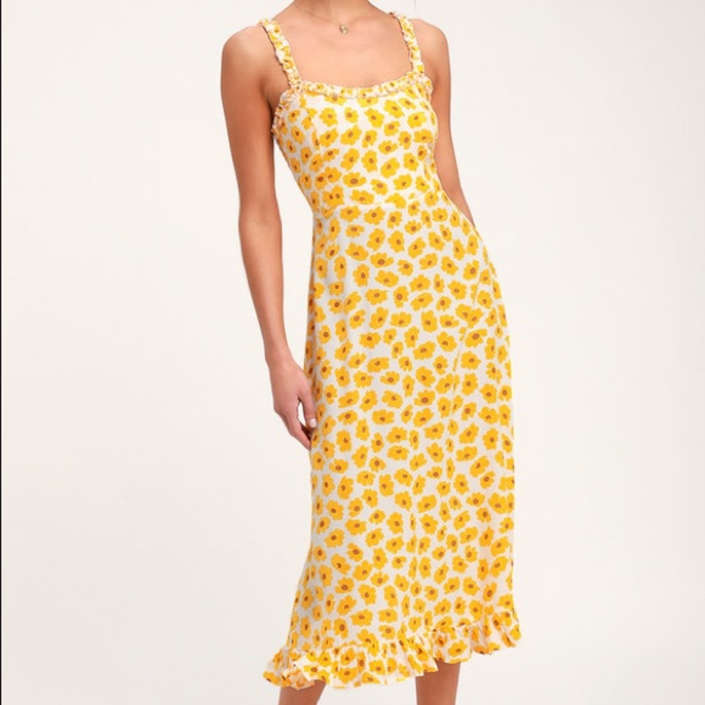 FAITHFULL THE BRAND Noemie Yellow Floral Print Ruffle Midi Dress
